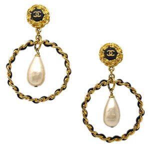 Chanel Hoop Earrings Gold Artificial Pearl Clip-On 95A